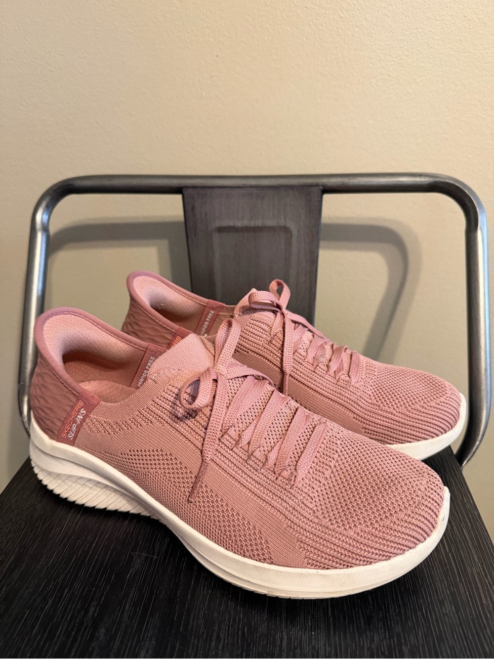 Skechers Slip-ins Women’s 7.5 Mauve Pink Knit Lace Up Comfort Sneakers